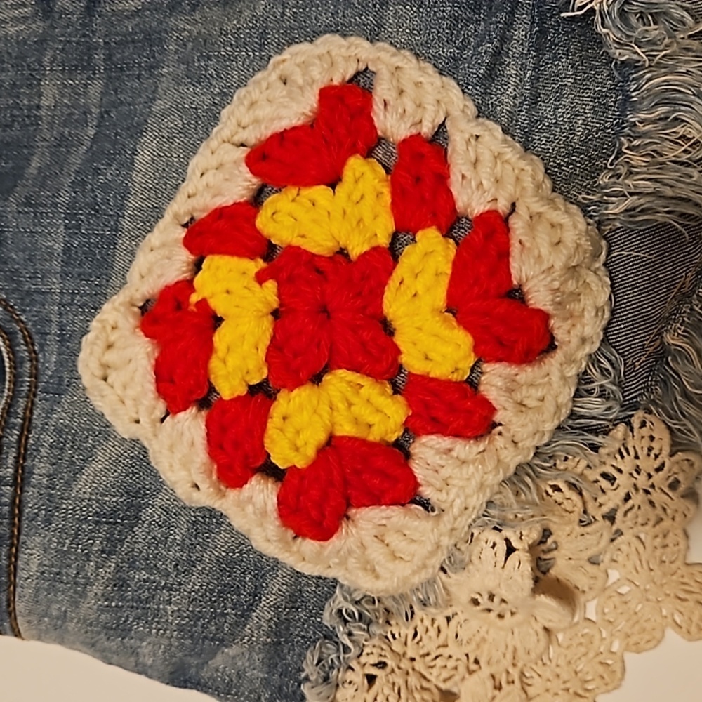 Hand Crafted Upcycled Denim Crochet Shorts Granny Square Handmade High rise 29 - Picture 6 of 17